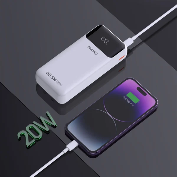 Dudao K15Pro Powerbank 20000 mAh 22,5 W PD USB-C / USB-A / integrierte Lightning und USB-C-Kabel – Weiß – Bild 4
