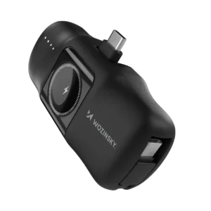 Wozinsky WF16-YCS 5000 mAh 15 W USB-C Mini-Powerbank mit integriertem USB-C-Kabel und Apple Watch-Ladegerät, Schwarz