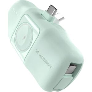 Wozinsky WF16-YCS 5000 mAh 15 W USB-C Mini-Powerbank mit integriertem USB-C-Kabel und Apple Watch-Ladegerät, Grün