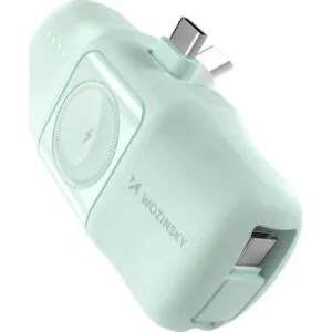 Wozinsky WF16-YCS 5000 mAh 15 W USB-C Mini-Powerbank mit integriertem USB-C-Kabel und Apple Watch-Ladegerät, Grün