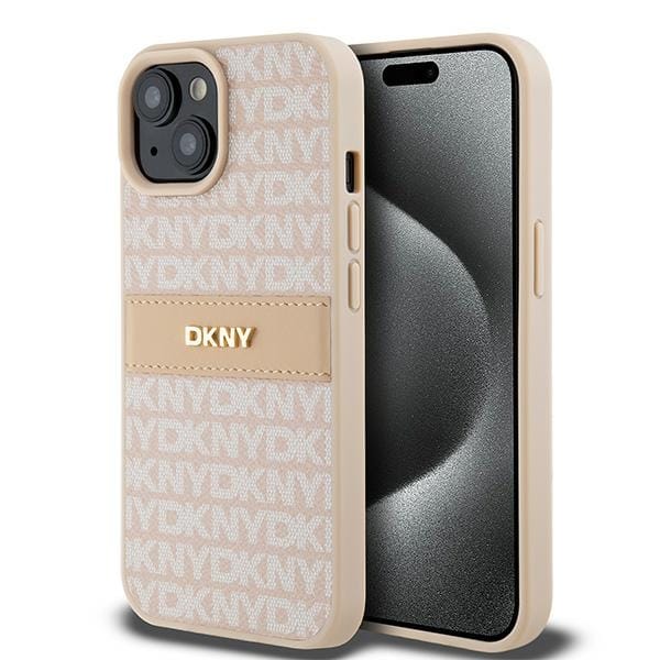 DKNY Leather Mono Stripe & Metal Logo case for iPhone 15 / 14 / 13 – pink