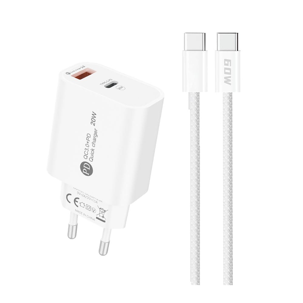 A6MaxL 20W USB-A USB-C Wandladegerät mit USB-C – USB-C 1m Kabel – weiß
