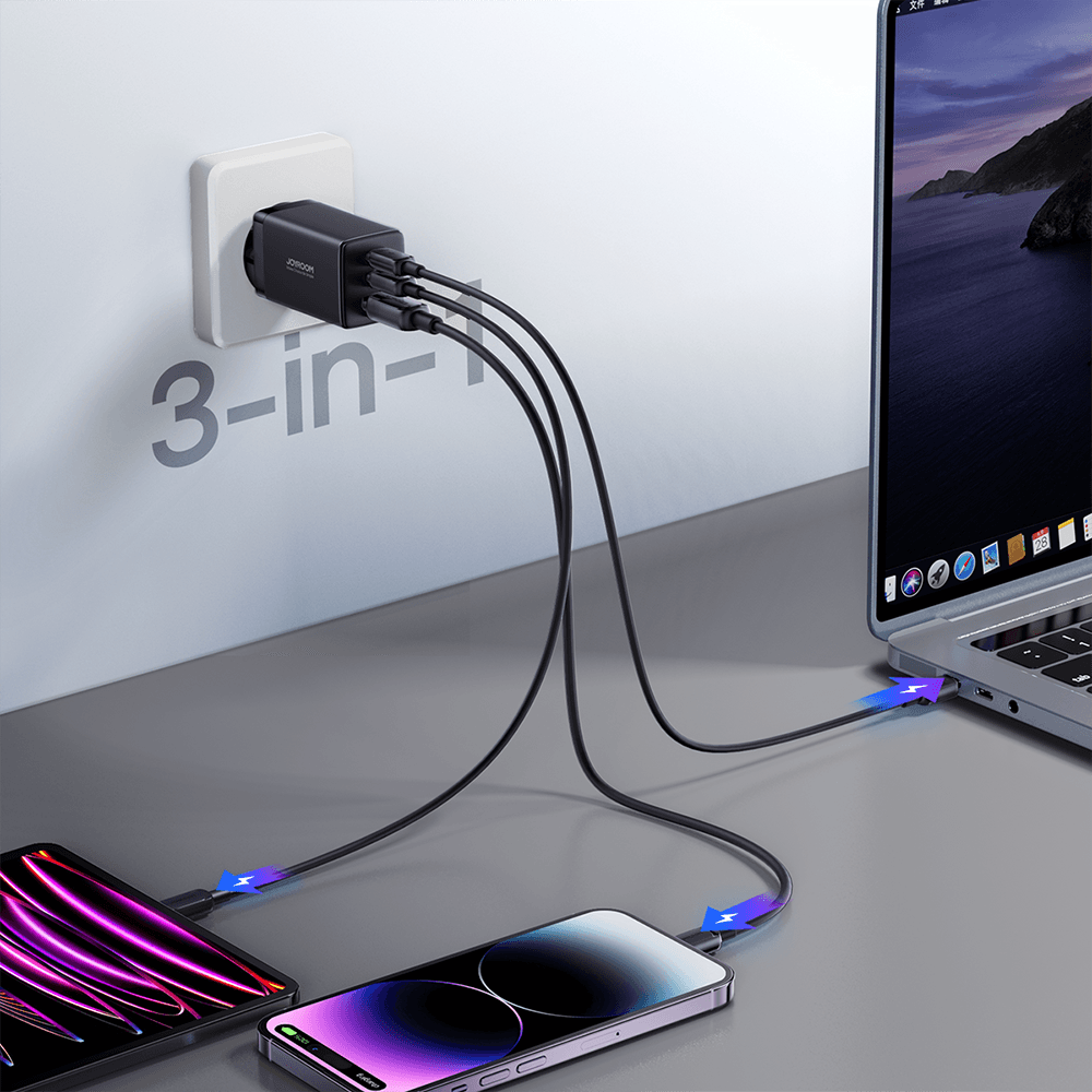 Joyroom schnelles GaN-Ladegerät 65 W USB-A, 2x USB-C schwarz + USB-C - USB-C-Kabel 100 W 1,2 m (TCG01) – Bild 3
