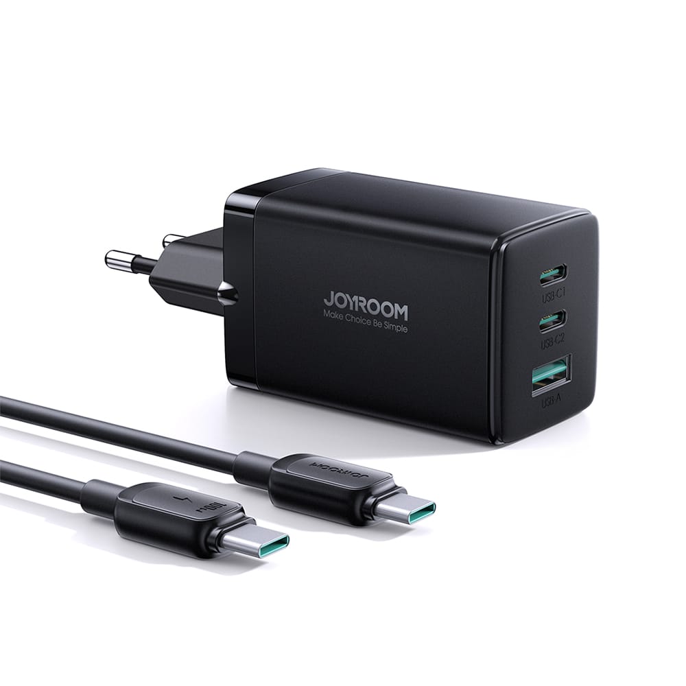 Joyroom schnelles GaN-Ladegerät 65 W USB-A, 2x USB-C schwarz + USB-C – USB-C-Kabel 100 W 1,2 m (TCG01)