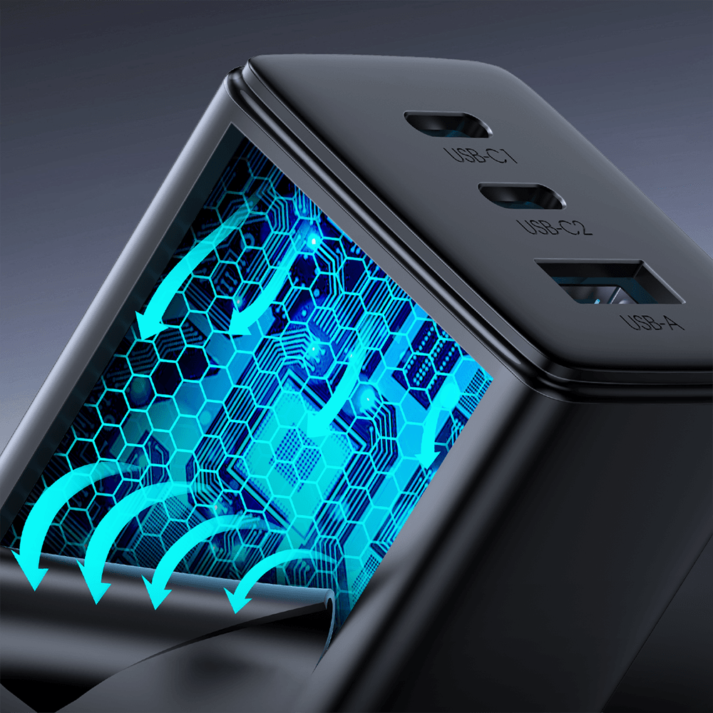 Joyroom schnelles GaN-Ladegerät 65 W USB-A, 2x USB-C schwarz + USB-C - USB-C-Kabel 100 W 1,2 m (TCG01) – Bild 5